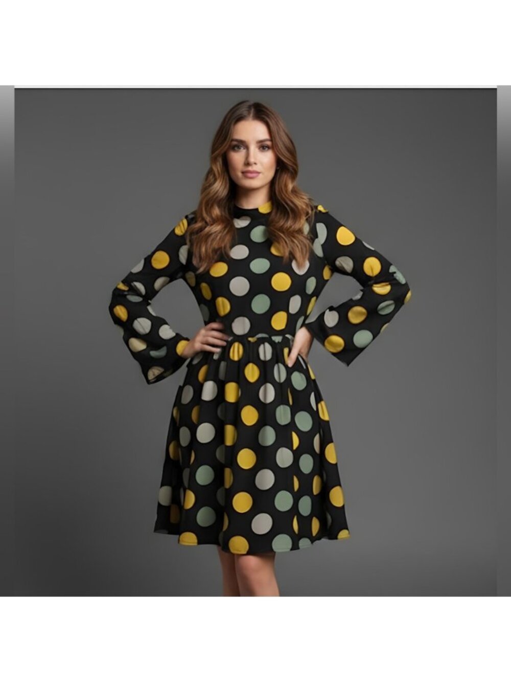 Polka Dot Mock Neck Trumpet Sleeve Smock Dress